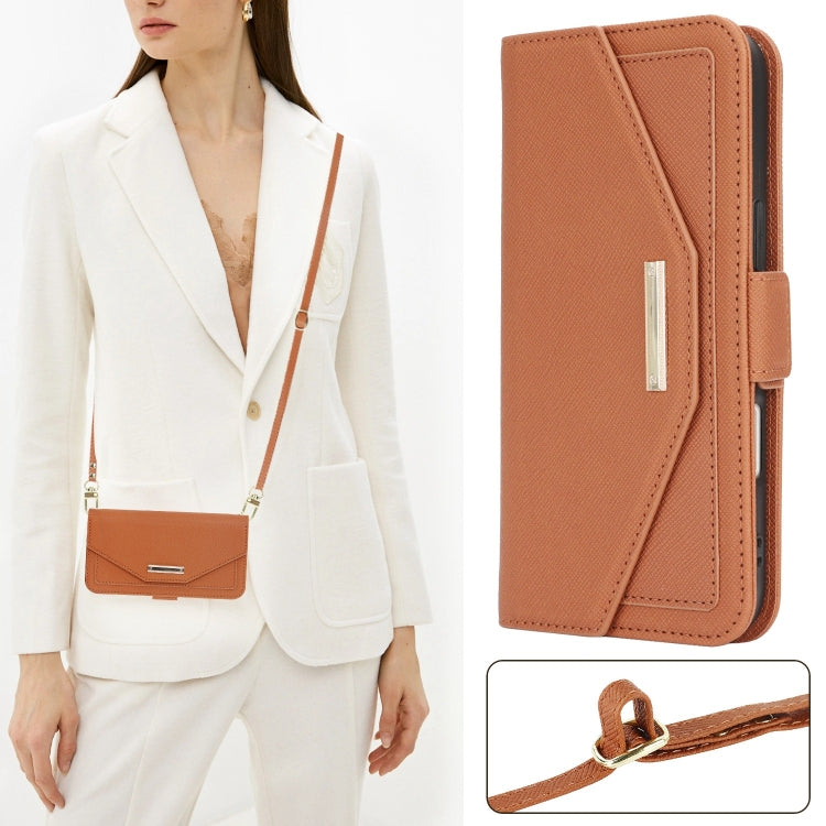 For iPhone 16 Cross Texture Crossbody Lanyard Leather Phone Case(Brown)