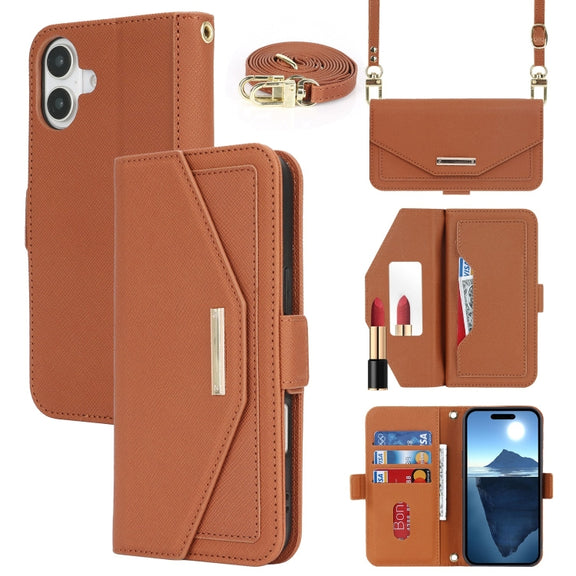 For iPhone 16 Cross Texture Crossbody Lanyard Leather Phone Case(Brown)