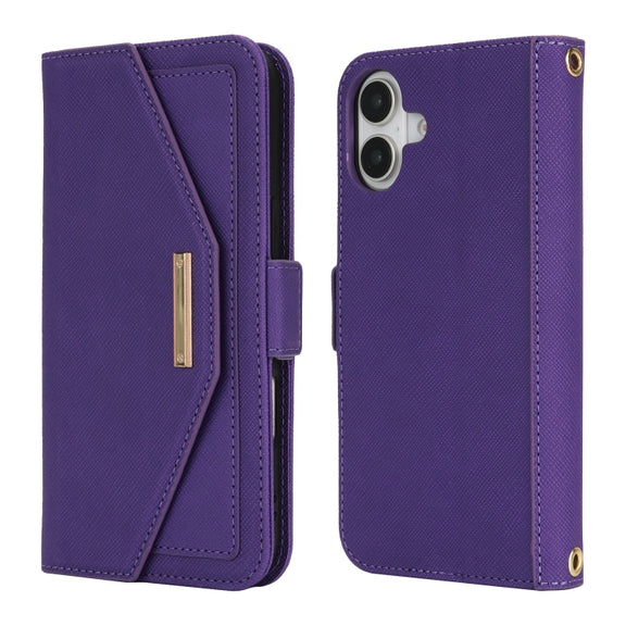 For iPhone 16 Cross Texture Crossbody Lanyard Leather Phone Case(Purple)