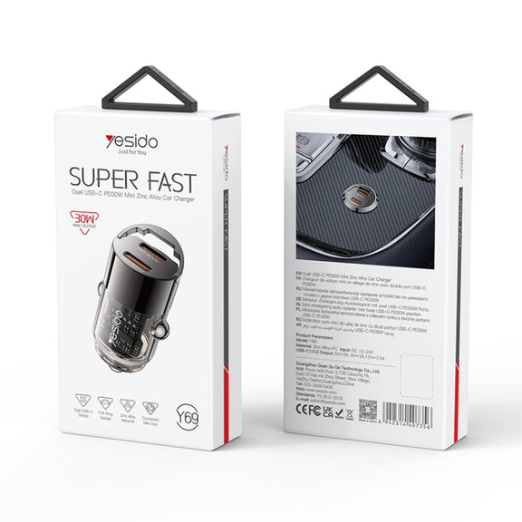 Yesido Y69 PD30W Dual USB-C / Type-C Zinc Alloy Mini Car Charger(Metal Grey)