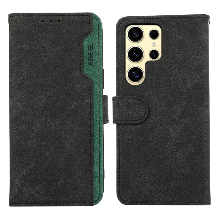 For Samsung Galaxy S25 Ultra 5G ABEEL Color Block Magnetic RFID Leather Phone Case(Black-Green)
