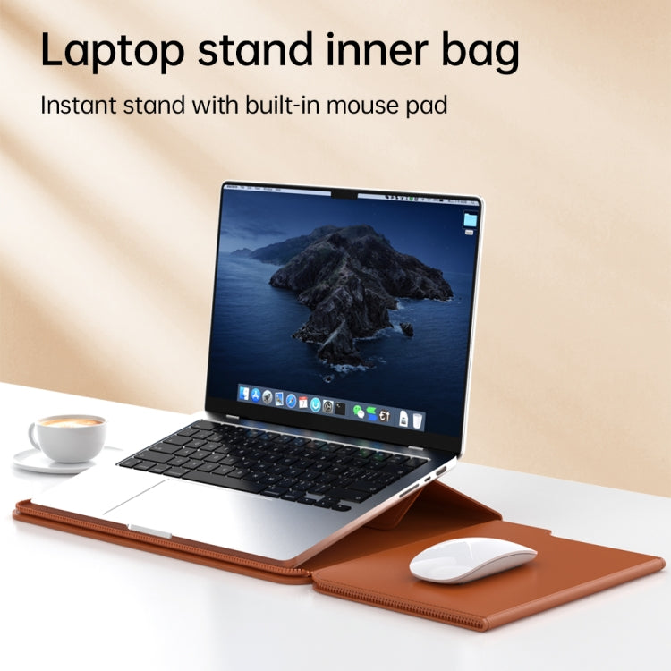 Multifunctional Laptop PU Magnetic Stand Split Liner Bag with Mouse Pad Function, Size:15 inch(Brown)
