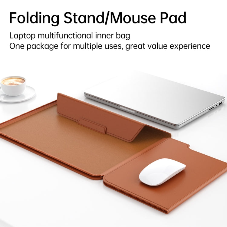 Multifunctional Laptop PU Magnetic Stand Split Liner Bag with Mouse Pad Function, Size:15 inch(Brown)