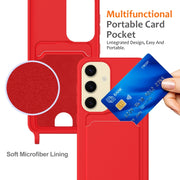 For Samsung Galaxy S25 5G Integrated Card Bag Solid Color Liquid Silicone Phone Case with Lanyard(Red)