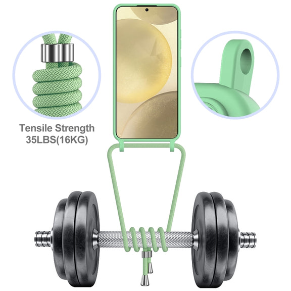 For Samsung Galaxy S25 5G Integrated Card Bag Solid Color Liquid Silicone Phone Case with Lanyard(Green)