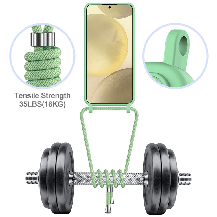 For Samsung Galaxy S25 5G Integrated Card Bag Solid Color Liquid Silicone Phone Case with Lanyard(Green)
