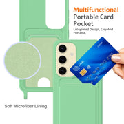 For Samsung Galaxy S25 5G Integrated Card Bag Solid Color Liquid Silicone Phone Case with Lanyard(Green)