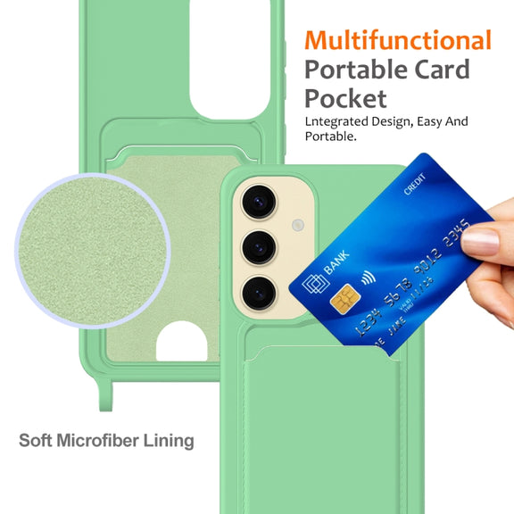 For Samsung Galaxy S25 5G Integrated Card Bag Solid Color Liquid Silicone Phone Case with Lanyard(Green)