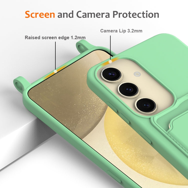 For Samsung Galaxy S25 5G Integrated Card Bag Solid Color Liquid Silicone Phone Case with Lanyard(Green)