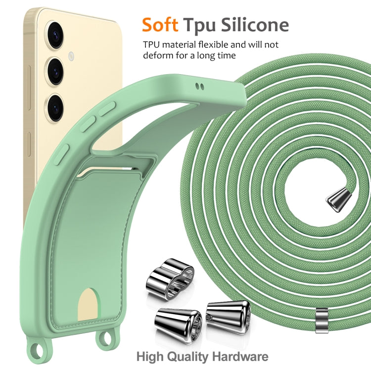 For Samsung Galaxy S25 5G Integrated Card Bag Solid Color Liquid Silicone Phone Case with Lanyard(Green)