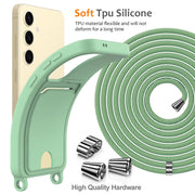 For Samsung Galaxy S25 5G Integrated Card Bag Solid Color Liquid Silicone Phone Case with Lanyard(Green)