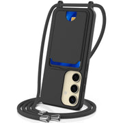 For Samsung Galaxy S25 5G Integrated Card Bag Solid Color Liquid Silicone Phone Case with Lanyard(Black)