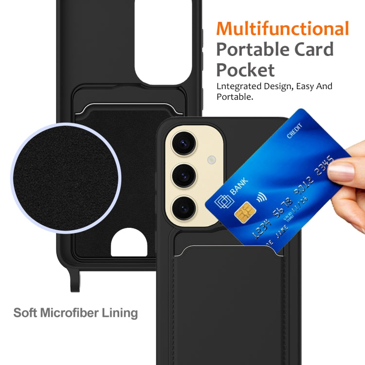For Samsung Galaxy S25 5G Integrated Card Bag Solid Color Liquid Silicone Phone Case with Lanyard(Black)