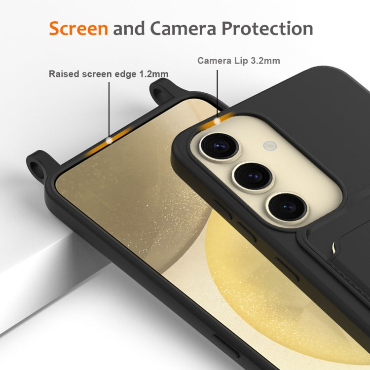 For Samsung Galaxy S25 5G Integrated Card Bag Solid Color Liquid Silicone Phone Case with Lanyard(Black)
