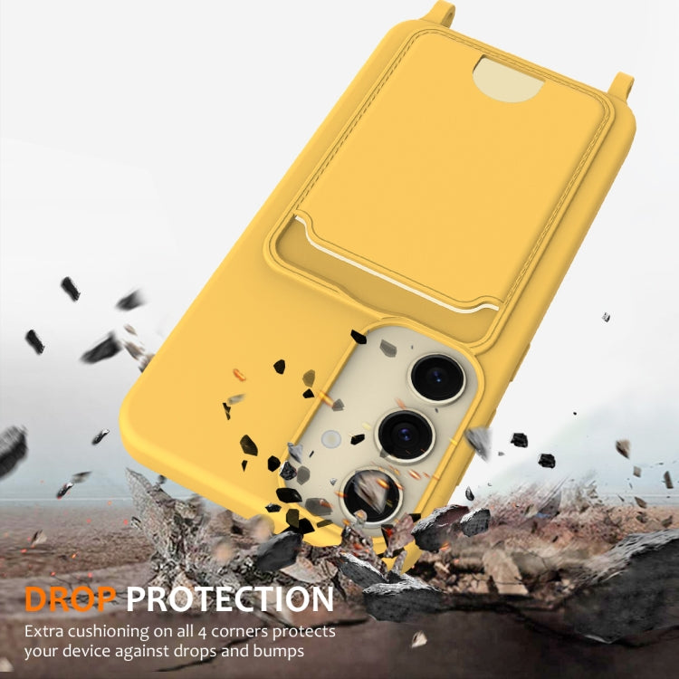 For Samsung Galaxy S25 5G Integrated Card Bag Solid Color Liquid Silicone Phone Case with Lanyard(Yellow)