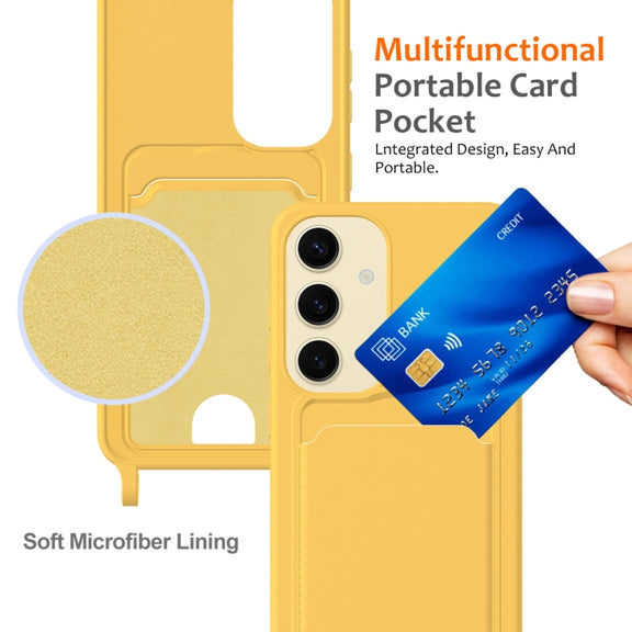 For Samsung Galaxy S25 5G Integrated Card Bag Solid Color Liquid Silicone Phone Case with Lanyard(Yellow)