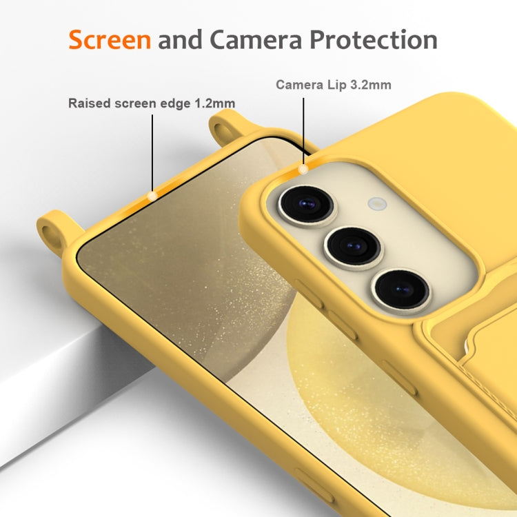 For Samsung Galaxy S25 5G Integrated Card Bag Solid Color Liquid Silicone Phone Case with Lanyard(Yellow)