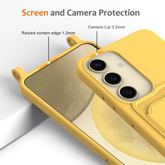 For Samsung Galaxy S25 5G Integrated Card Bag Solid Color Liquid Silicone Phone Case with Lanyard(Yellow)
