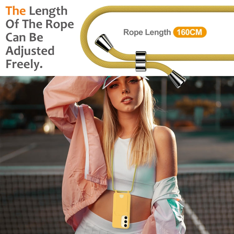 For Samsung Galaxy S25 5G Integrated Card Bag Solid Color Liquid Silicone Phone Case with Lanyard(Yellow)