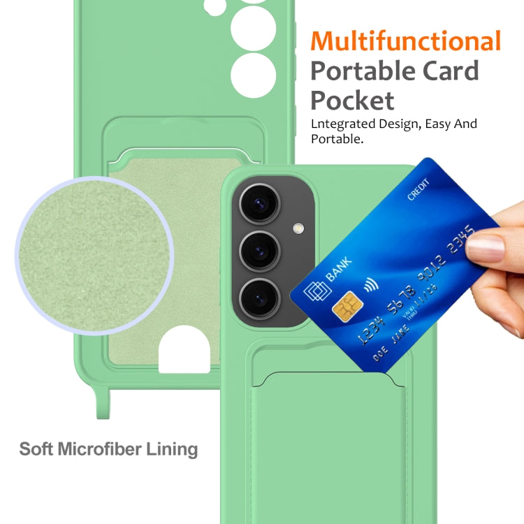 For Samsung Galaxy S25+ 5G Integrated Card Bag Solid Color Liquid Silicone Phone Case with Lanyard(Green)