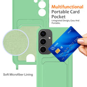 For Samsung Galaxy S25+ 5G Integrated Card Bag Solid Color Liquid Silicone Phone Case with Lanyard(Green)