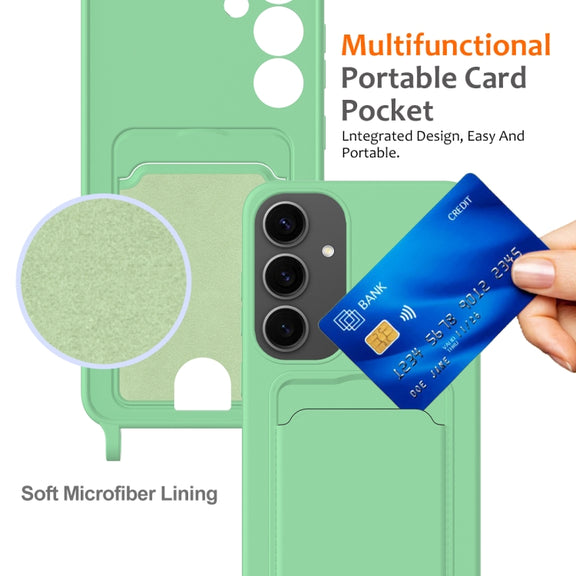 For Samsung Galaxy S25+ 5G Integrated Card Bag Solid Color Liquid Silicone Phone Case with Lanyard(Green)