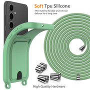 For Samsung Galaxy S25+ 5G Integrated Card Bag Solid Color Liquid Silicone Phone Case with Lanyard(Green)