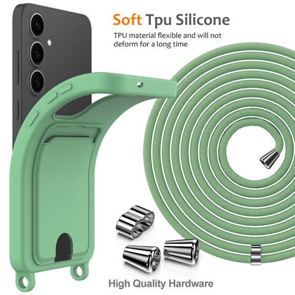 For Samsung Galaxy S25+ 5G Integrated Card Bag Solid Color Liquid Silicone Phone Case with Lanyard(Green)