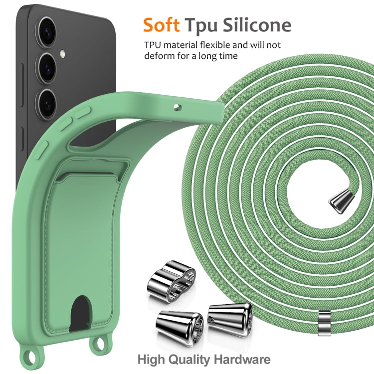 For Samsung Galaxy S25+ 5G Integrated Card Bag Solid Color Liquid Silicone Phone Case with Lanyard(Green)