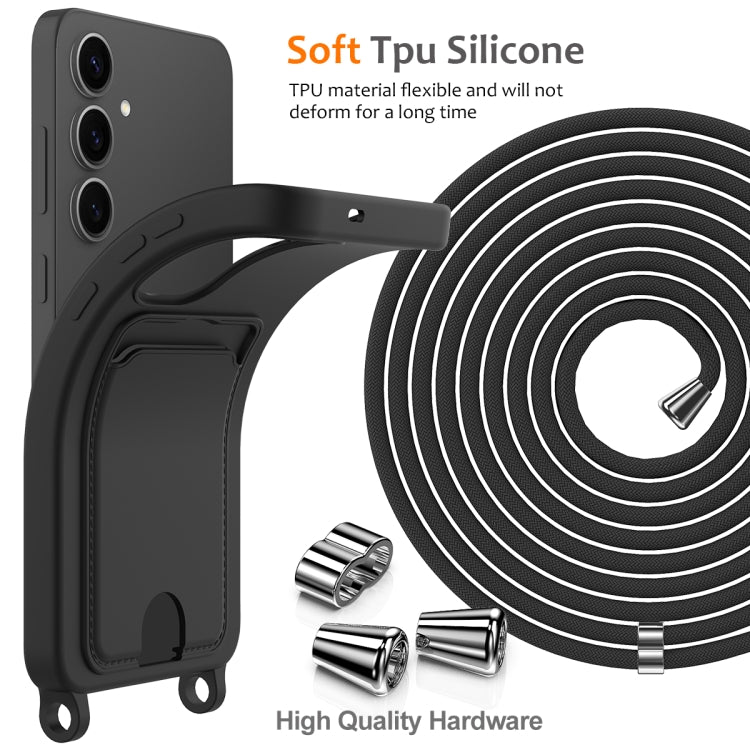 For Samsung Galaxy S25+ 5G Integrated Card Bag Solid Color Liquid Silicone Phone Case with Lanyard(Black)