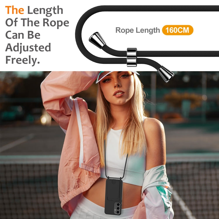 For Samsung Galaxy S25+ 5G Integrated Card Bag Solid Color Liquid Silicone Phone Case with Lanyard(Black)