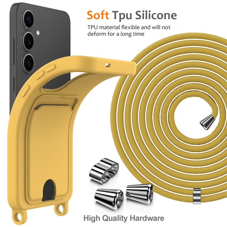 For Samsung Galaxy S25+ 5G Integrated Card Bag Solid Color Liquid Silicone Phone Case with Lanyard(Yellow)