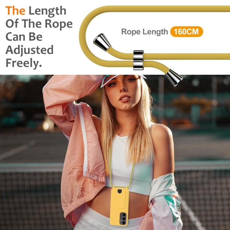 For Samsung Galaxy S25+ 5G Integrated Card Bag Solid Color Liquid Silicone Phone Case with Lanyard(Yellow)