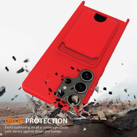For Samsung Galaxy S25 Ultra 5G Integrated Card Bag Solid Color Liquid Silicone Phone Case with Lanyard(Red)