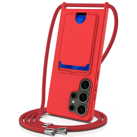 For Samsung Galaxy S25 Ultra 5G Integrated Card Bag Solid Color Liquid Silicone Phone Case with Lanyard(Red)