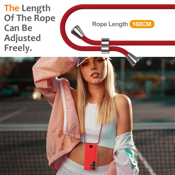 For Samsung Galaxy S25 Ultra 5G Integrated Card Bag Solid Color Liquid Silicone Phone Case with Lanyard(Red)