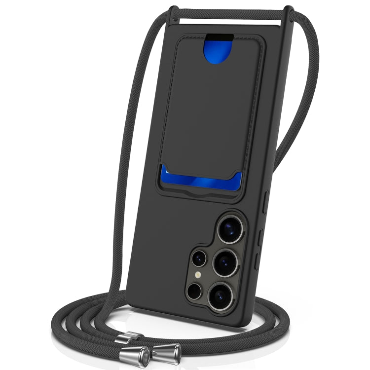 For Samsung Galaxy S25 Ultra 5G Integrated Card Bag Solid Color Liquid Silicone Phone Case with Lanyard(Black)