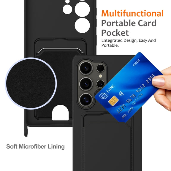 For Samsung Galaxy S25 Ultra 5G Integrated Card Bag Solid Color Liquid Silicone Phone Case with Lanyard(Black)