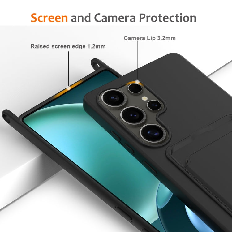 For Samsung Galaxy S25 Ultra 5G Integrated Card Bag Solid Color Liquid Silicone Phone Case with Lanyard(Black)