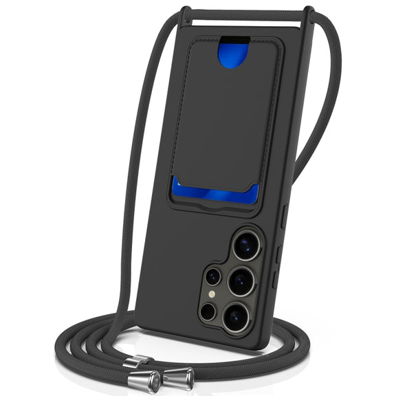 For Samsung Galaxy S25 Ultra 5G Integrated Card Bag Solid Color Liquid Silicone Phone Case with Lanyard(Black)