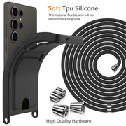 For Samsung Galaxy S25 Ultra 5G Integrated Card Bag Solid Color Liquid Silicone Phone Case with Lanyard(Black)