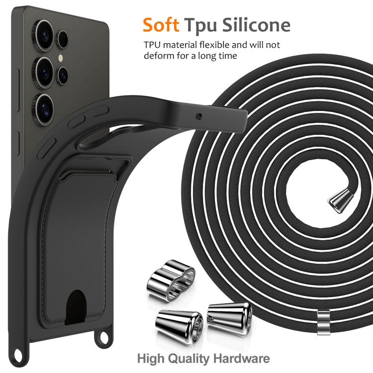 For Samsung Galaxy S25 Ultra 5G Integrated Card Bag Solid Color Liquid Silicone Phone Case with Lanyard(Black)