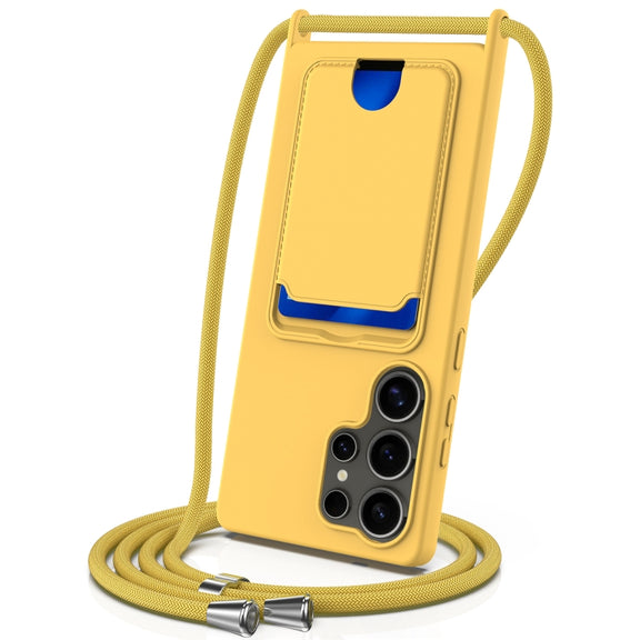 For Samsung Galaxy S25 Ultra 5G Integrated Card Bag Solid Color Liquid Silicone Phone Case with Lanyard(Yellow)