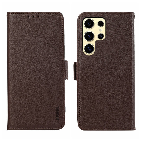 For Samsung Galaxy S25 Ultra ABEEL Side-Magnetic Litchi Pattern Leather RFID Phone Case(Brown)