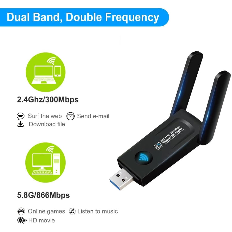 RE-1202 1200Mbps Dual Band Wireless Network Card WiFi USB3.0 Adapter Transmitter Receiver