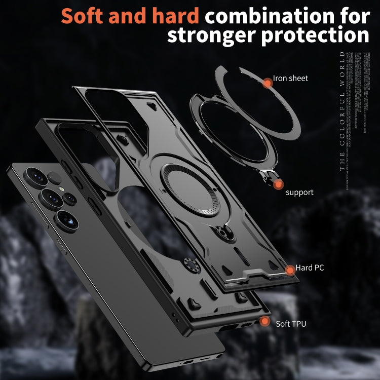For Samsung Galaxy S25 Ultra 5G PC Hybrid TPU Armor MagSafe Ring Holder Phone Case(Black)