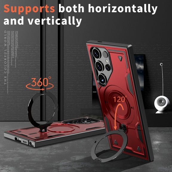 For Samsung Galaxy S25 Ultra 5G PC Hybrid TPU Armor MagSafe Ring Holder Phone Case(Red)
