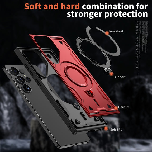 For Samsung Galaxy S25 Ultra 5G PC Hybrid TPU Armor MagSafe Ring Holder Phone Case(Red)