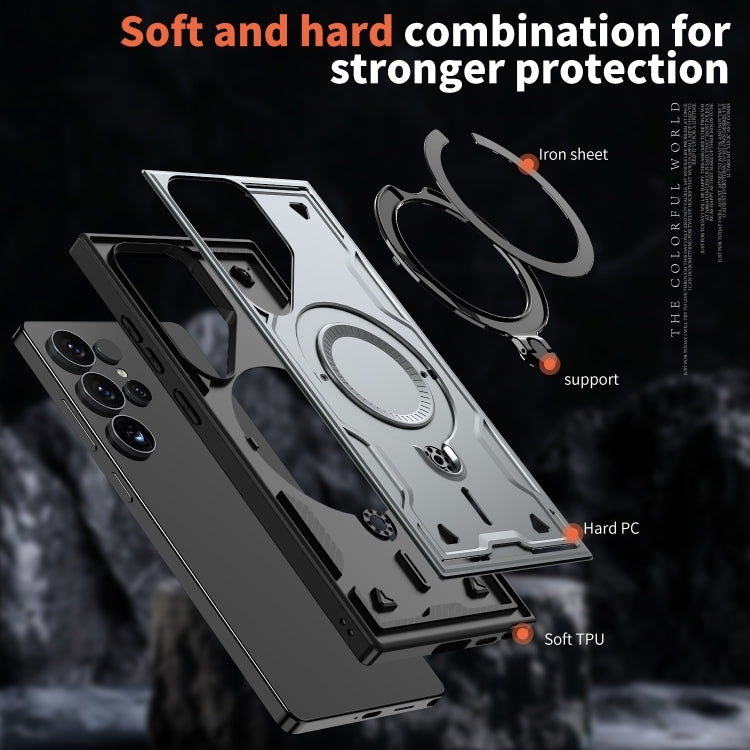 For Samsung Galaxy S25 Ultra 5G PC Hybrid TPU Armor MagSafe Ring Holder Phone Case(Grey)