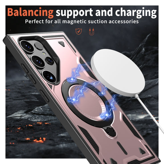 For Samsung Galaxy S25 Ultra 5G PC Hybrid TPU Armor MagSafe Ring Holder Phone Case(Rose Gold)